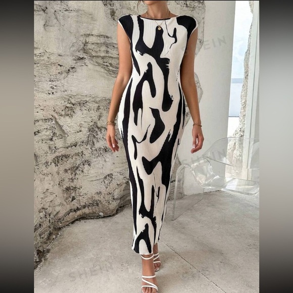 Dresses & Skirts - Prive Pleated Cream and Black Graphic Print Dress